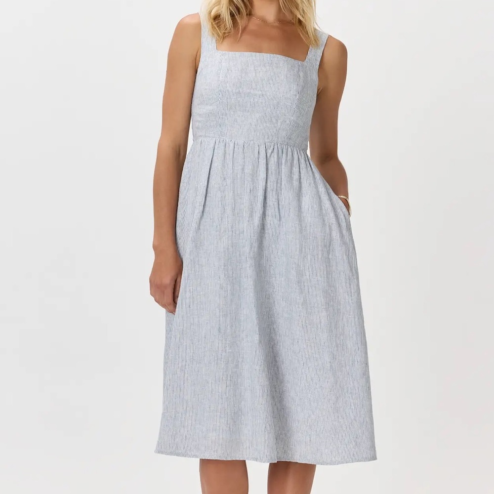 Quince Light Blue Striped Midi Fit and Flare Linen Sundress
